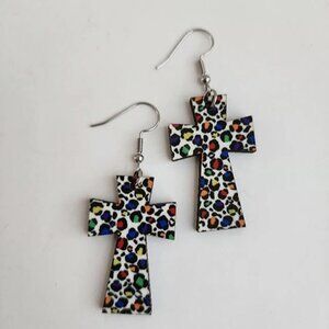 Colorful Animal Print Wood Cross Dangle Casual Earrings